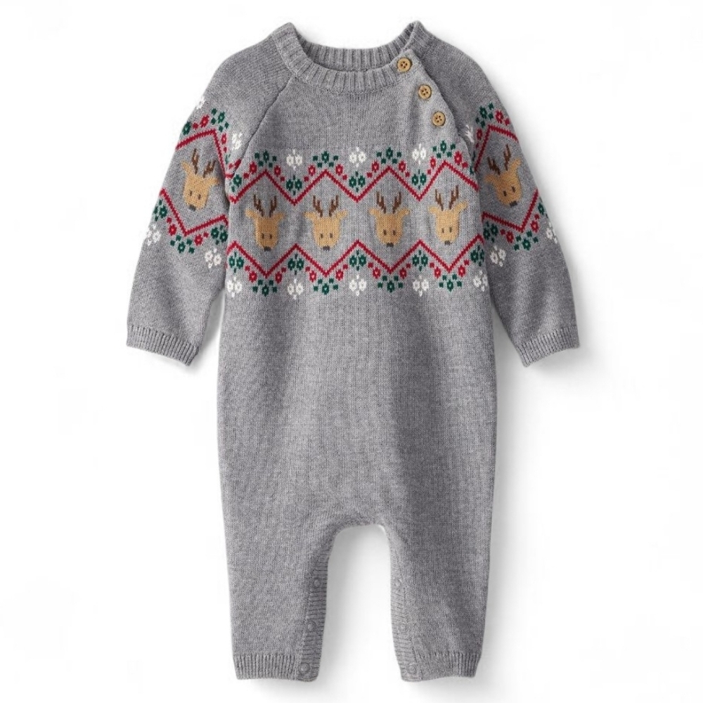 Carter's Fair Isle Gray Reindeer Long Sleeve Infant Jumpsuit